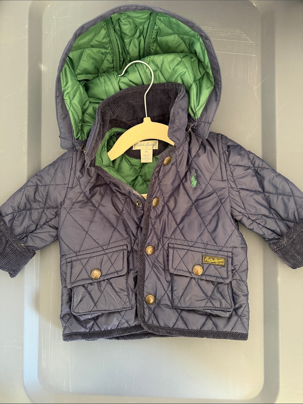 Ralph Lauren Navy Quilted Hooded Puffer Jacket with Green Lining